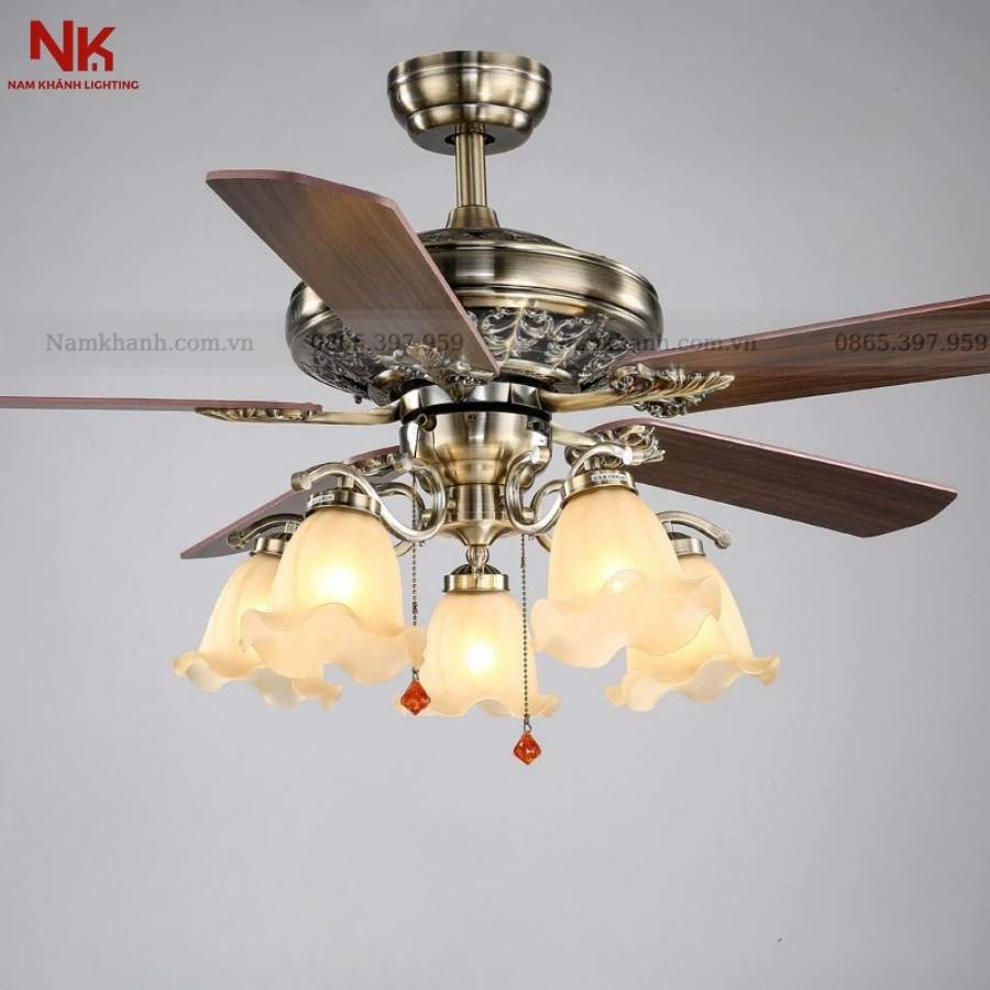 Quạt Trần 5 Chao 006 Cánh Gỗ Đậm