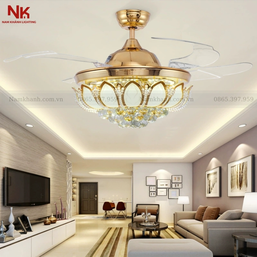 Quạt Cụp Xòe Pha Lê Cánh Sen