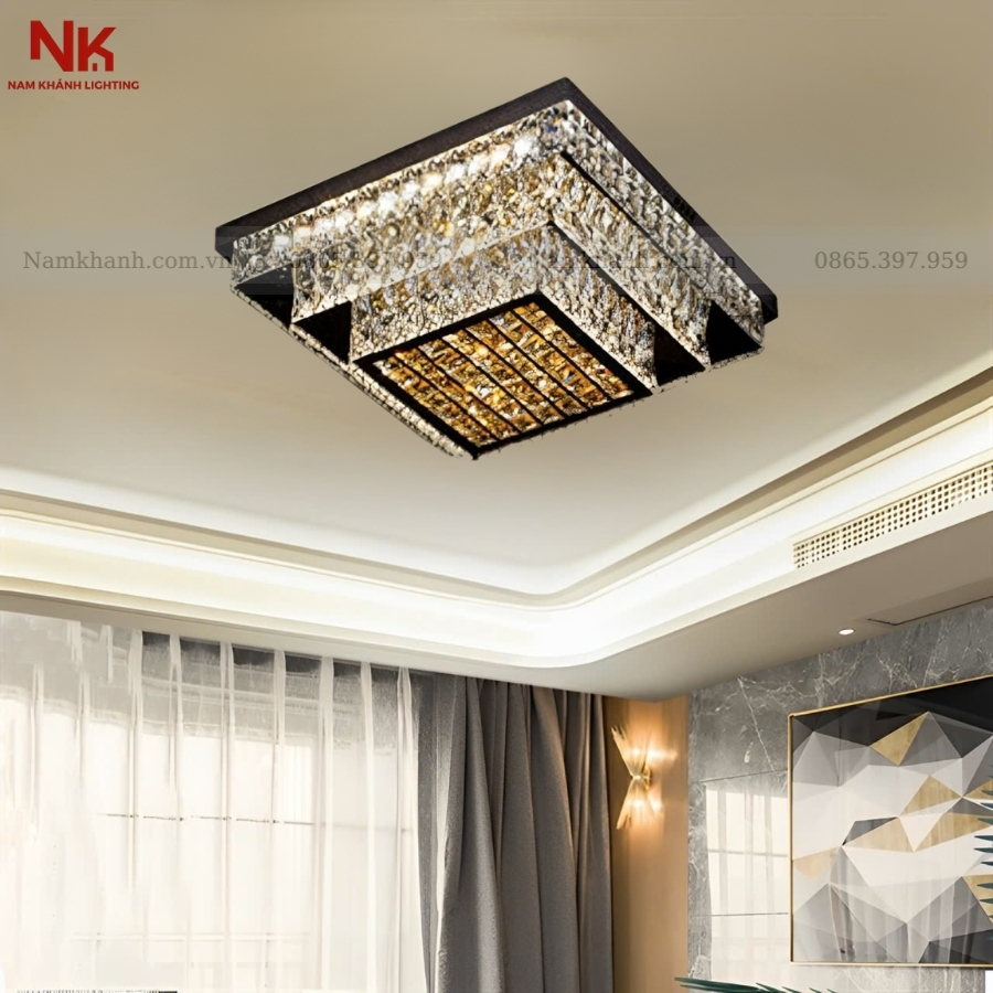 Đèn Ốp Trần Pha Lê Vuông 3 Tầng